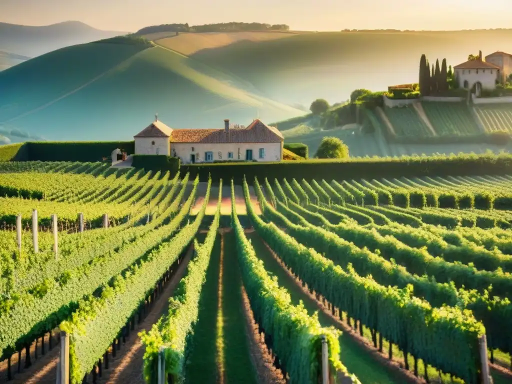 Vino espumoso francés en viñedo al atardecer, con trabajadores cosechando uvas y un majestuoso chateau al fondo