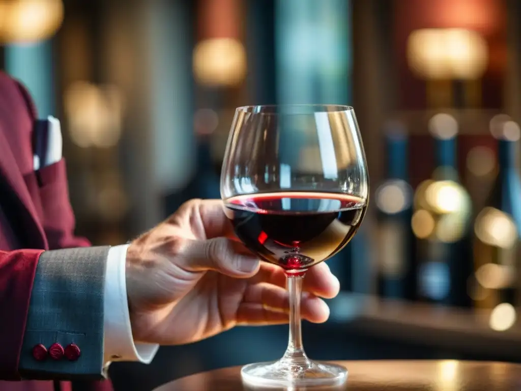 Sommelier examinando vino tinto francés, técnicas de cata vinos franceses