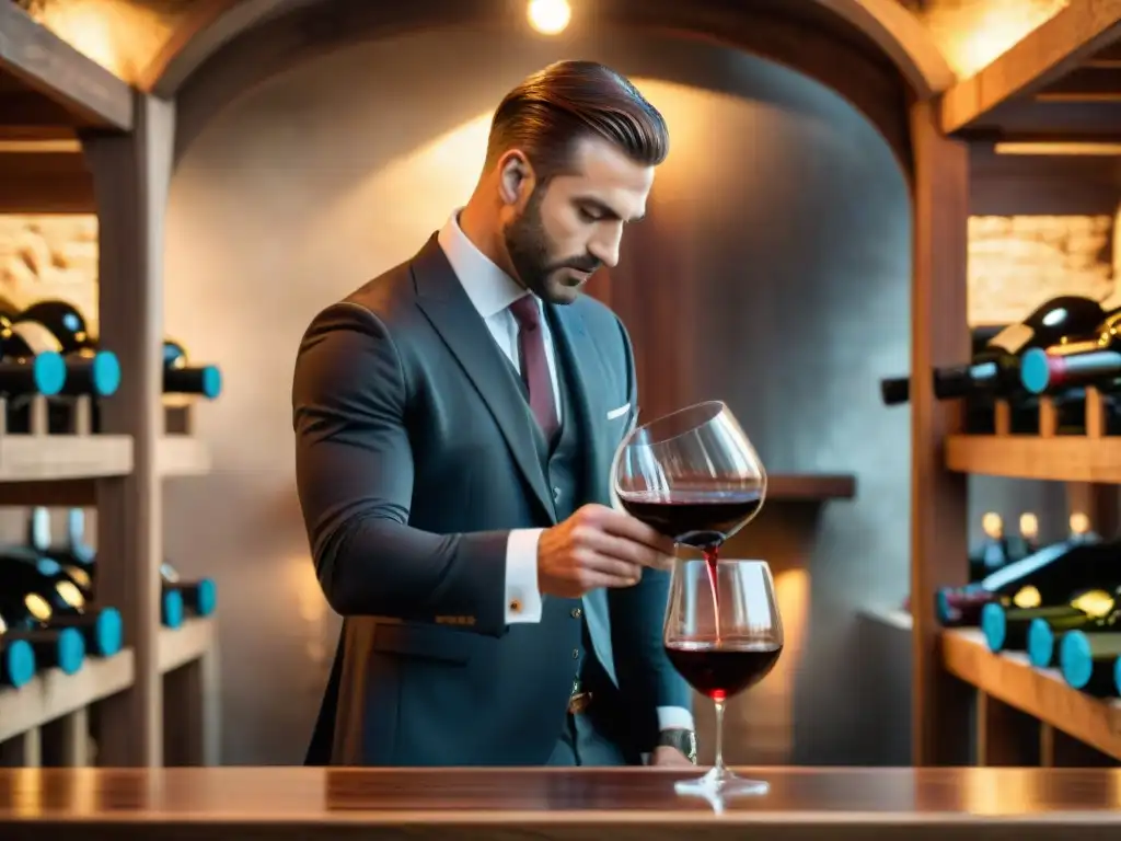 Sommelier vertiendo vino tinto en copa de cristal en bodega rústica