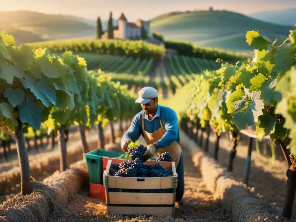 Producción de vino en Château Francés: Trabajadores seleccionan uvas bajo el cálido sol matutino en un viñedo pintoresco