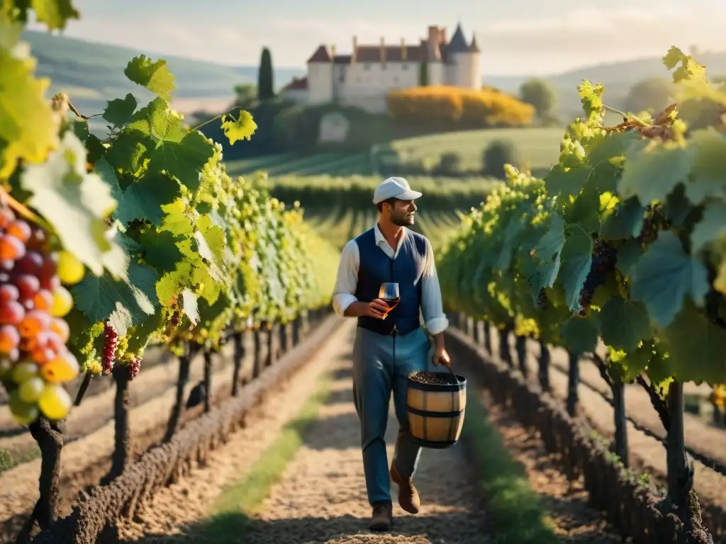 Producción de vino en Château Francés: Trabajadores cosechan uvas en un viñedo francés durante el otoño