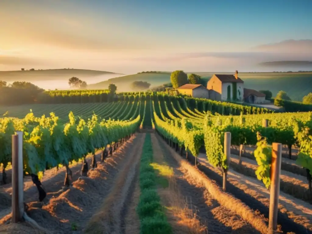 Transformación del vino francés y la gastronomía: Viñedo francés al atardecer, con trabajadores cosechando uvas y barril de vino rústico