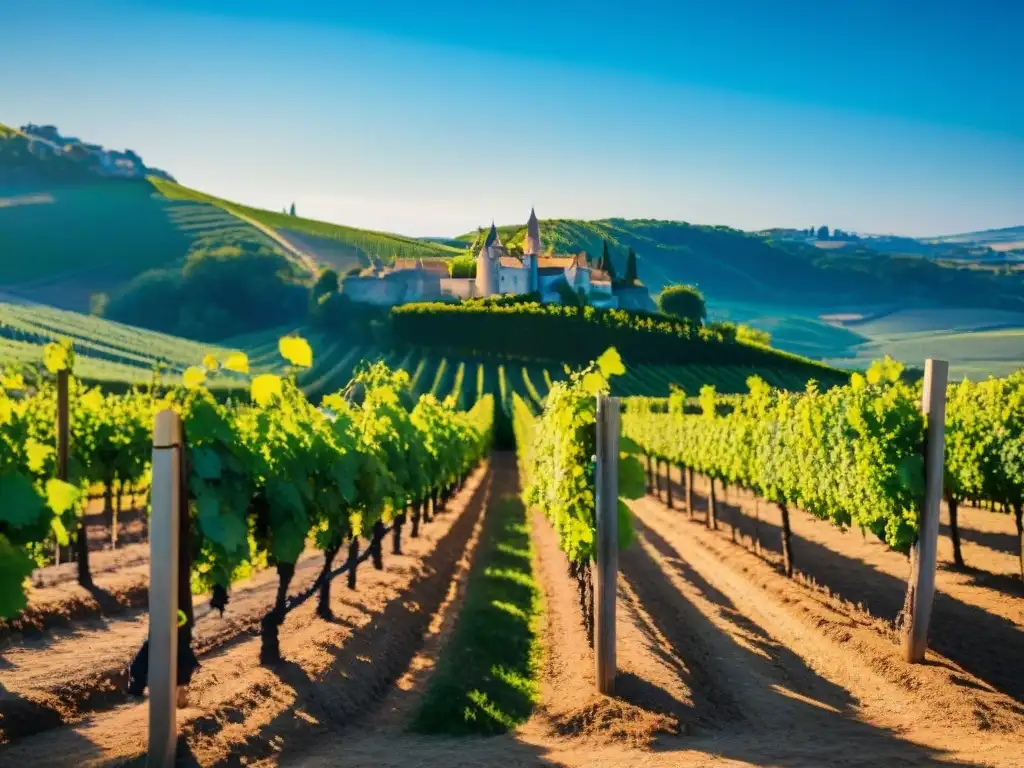 Producción de vino en Francia: Viñedo exuberante bañado por el sol, con château francés al fondo