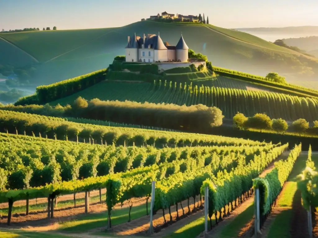 Producción de vino en Château Francés: Viñedos de Château HautBrion al atardecer, con trabajadores y château histórico