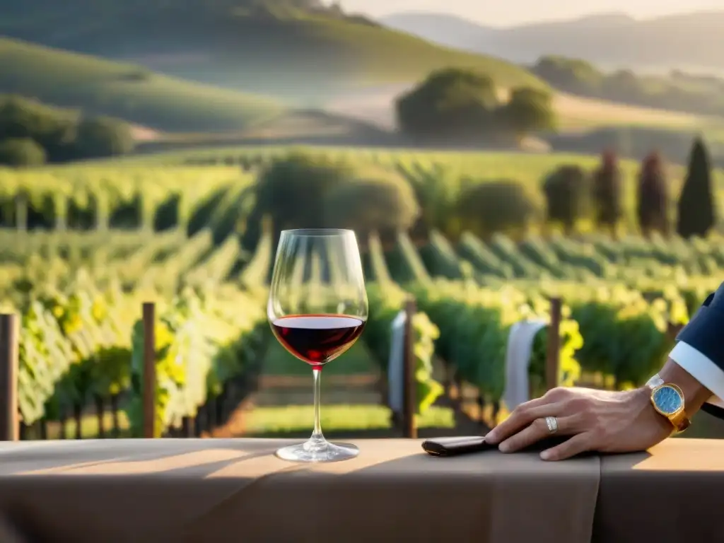 Sommelier sirviendo vino Burdeos en viñedos al atardecer