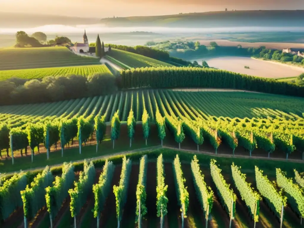 Transformación del vino francés y la gastronomía: viñedos de Bordeaux al atardecer, con châteaus y río sereno