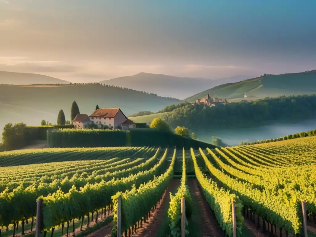 Vinos de Alsacia: historia y cultura en viñedos al atardecer, con el sol sobre los Montes Vosgos