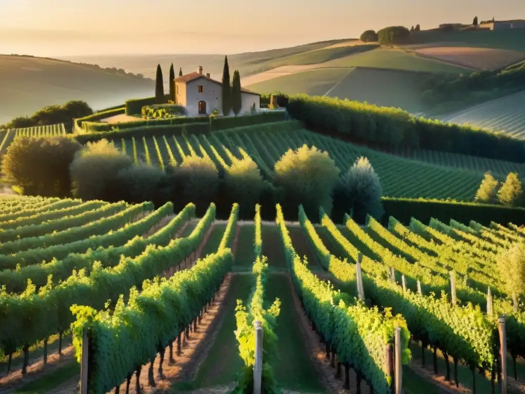 Vinos biodinámicos en gastronomía francesa: Viñedo tradicional al atardecer con viñedos, casa de piedra y viticultores