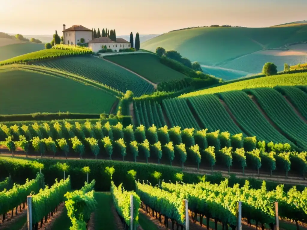 Vinos biodinámicos en gastronomía francesa: Viñedo pintoresco con viticultores tradicionales cuidando las uvas bajo el sol dorado