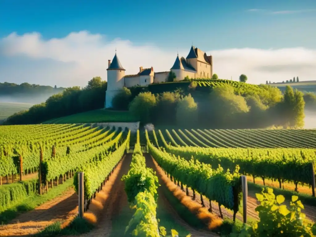 Vinos biodinámicos en la gastronomía francesa: viñedos verdes bajo cielo azul, château de piedra y trabajadores en trajes tradicionales