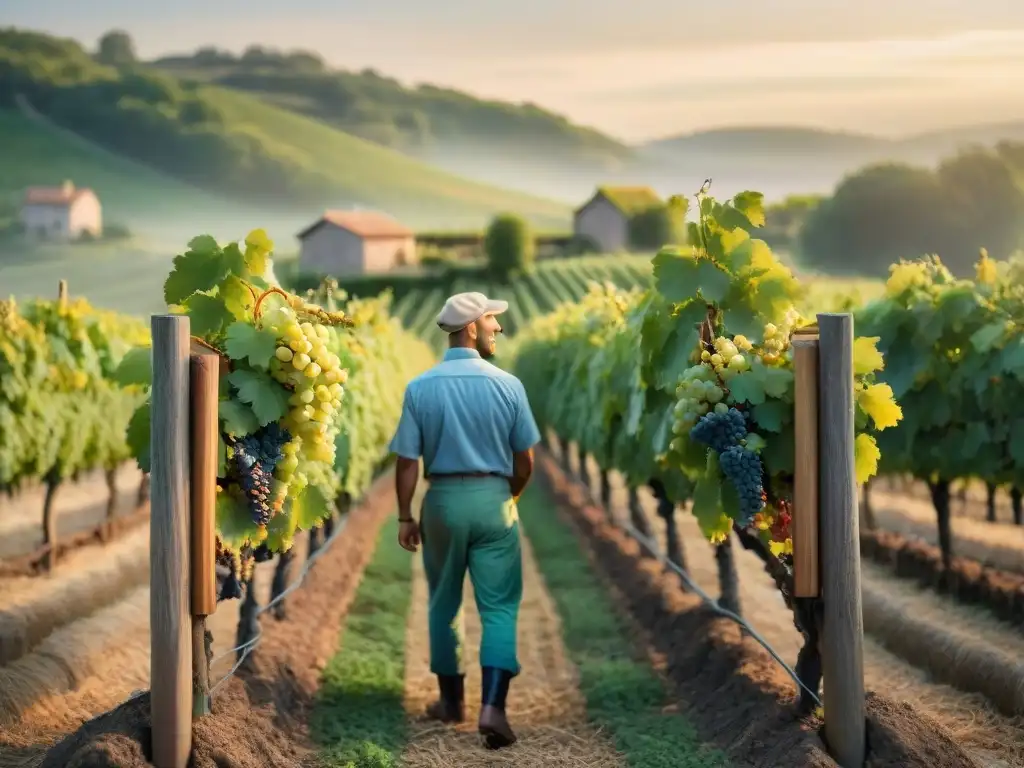 Vinos biodinámicos en la gastronomía francesa: Viñedo tradicional al atardecer, viticultores cosechando uvas con orgullo