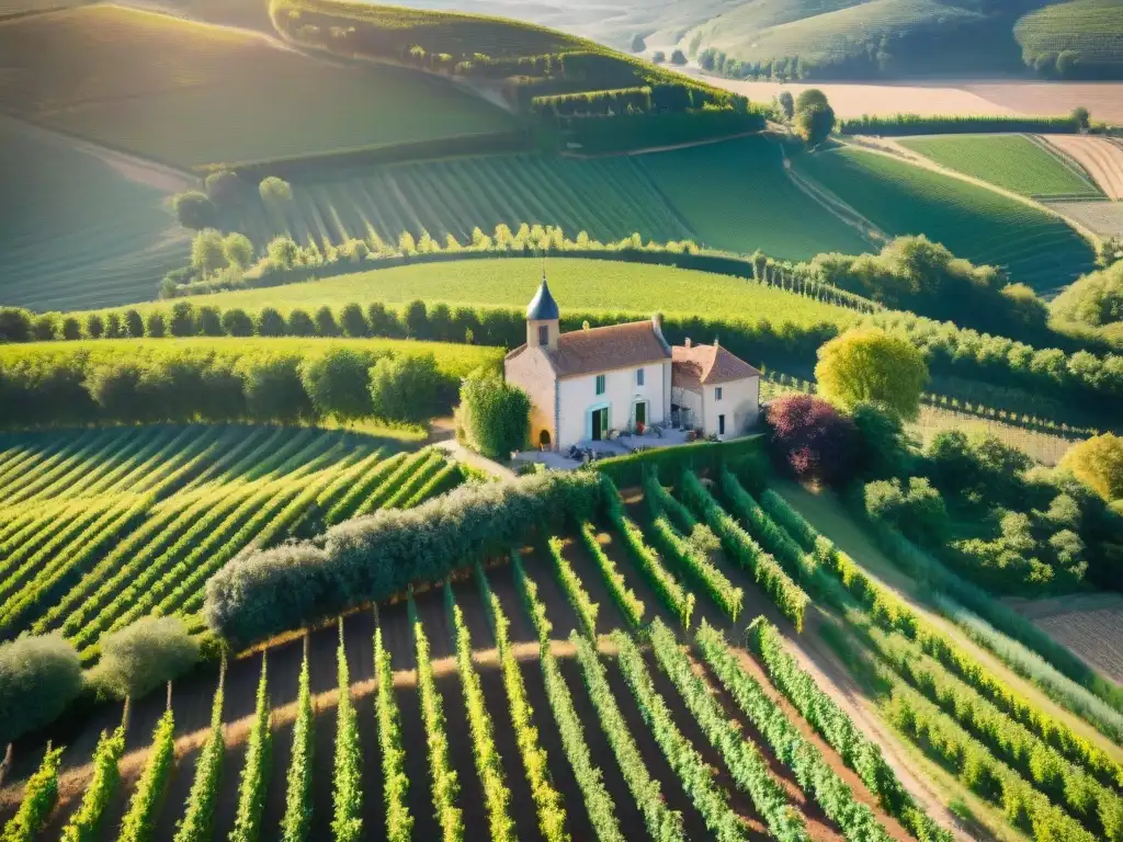 Vinos biodinámicos en la gastronomía francesa: Viñedo francés con vides verdes bajo el sol y agricultores trabajando