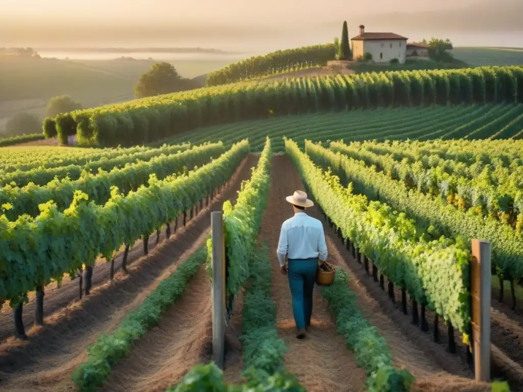 Vinos biodinámicos en una viña francesa al amanecer, mostrando la armonía y belleza de la naturaleza en la viticultura