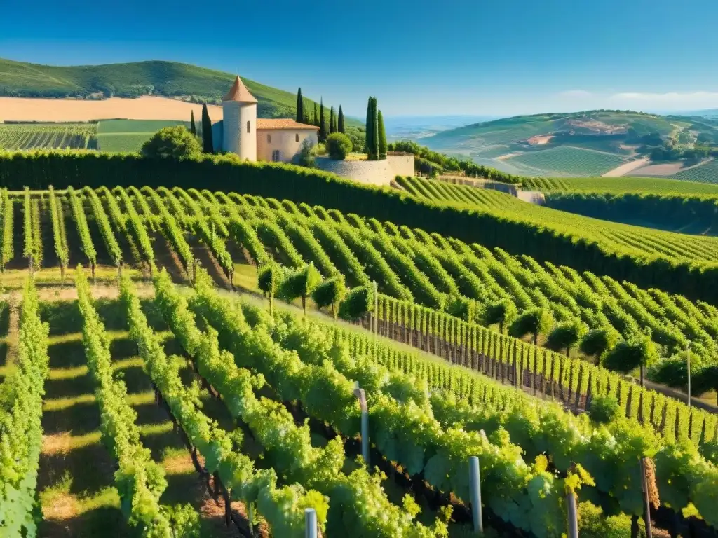 Vinos biodinámicos en Francia: Vista aérea de un viñedo en colinas del sur de Francia, con filas de viñas verdes y chateau elegante al fondo