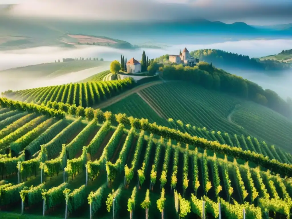 Vinos blancos franceses menos conocidos: Viñedos verdes y chateaus en las colinas neblinosas de Jura, Francia, al amanecer