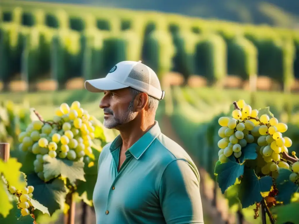 Invertir en vinos blancos franceses: Detallada imagen de un prestigioso viticultor francés inspeccionando vides blancas bañadas por el sol