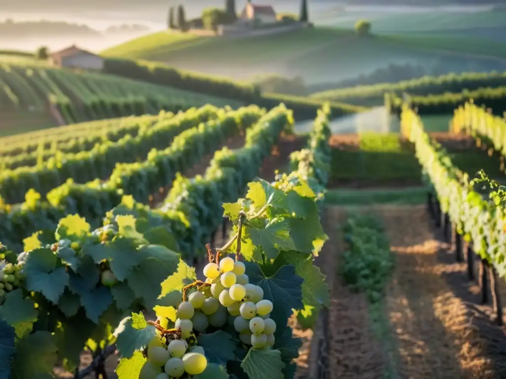 Vinos blancos franceses emocionales: Viñedo al amanecer con uvas blancas maduras brillantes de rocío matutino