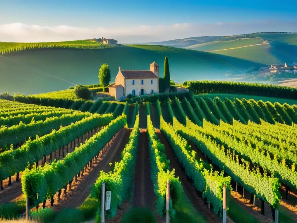 Vinos blancos franceses premiados: Viñedo soleado con uvas verdes, bodega tradicional y paisaje pintoresco