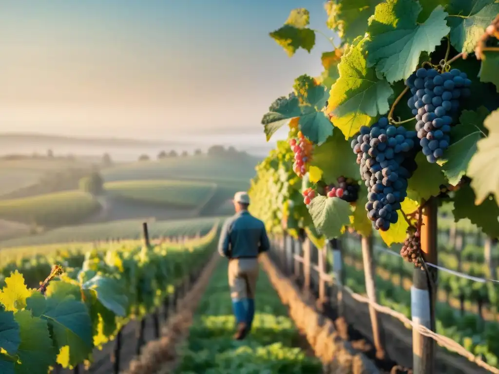 Invertir en vinos blancos franceses: Amanecer tranquilo en viñedo prestigioso, con viñedos verdes y viticultor experto inspeccionando uvas al amanecer