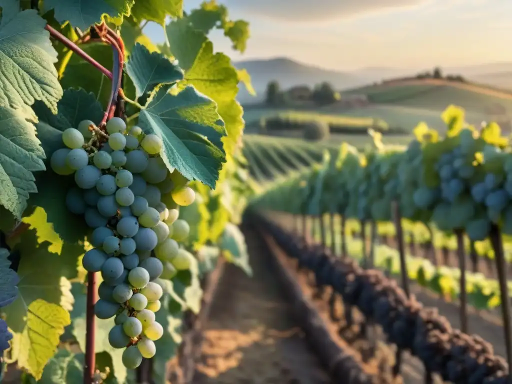 Invertir en vinos blancos franceses: Amanecer en un viñedo francés, con hileras verdes de uvas brillando en el rocío matinal