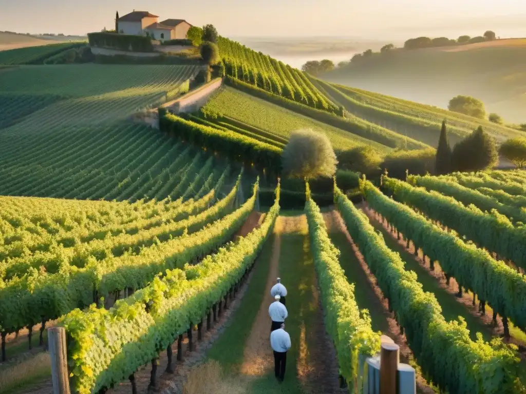 Invertir en vinos blancos franceses: Viñedo francés al amanecer con expertos viticultores inspeccionando uvas