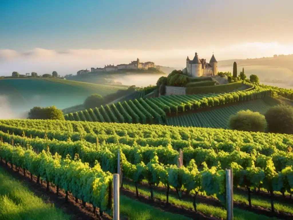 Invertir en vinos blancos franceses: Viñedo francés al amanecer con exuberantes campos verdes y castillos de piedra históricos