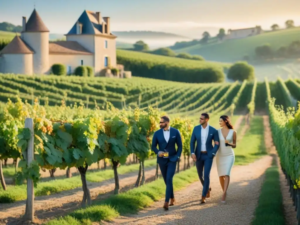 Vinos blancos franceses en un viñedo al atardecer, con elegante cata de vinos y château de fondo, evocando sofisticación y tradición