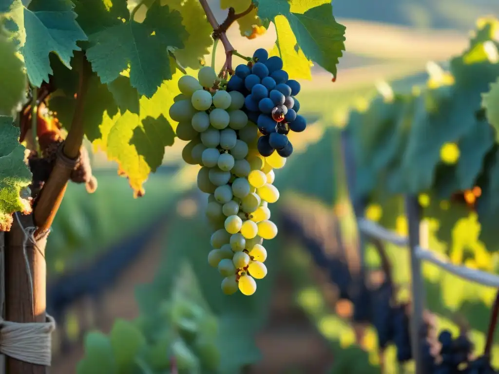 Invertir en vinos blancos franceses: Viñedo bañado por el sol, uvas blancas maduras y tranquilidad en Francia