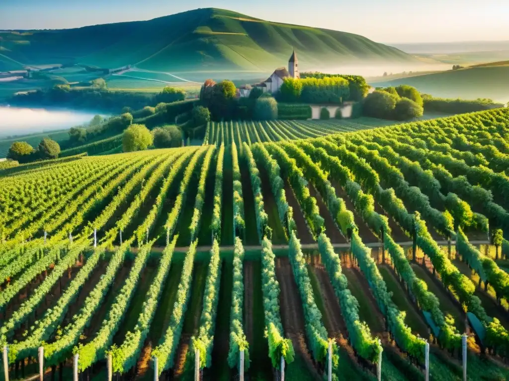 Vinos blancos franceses evolución histórica: Viñedos de Champagne con chateaus históricos entre tonos verdes y dorados