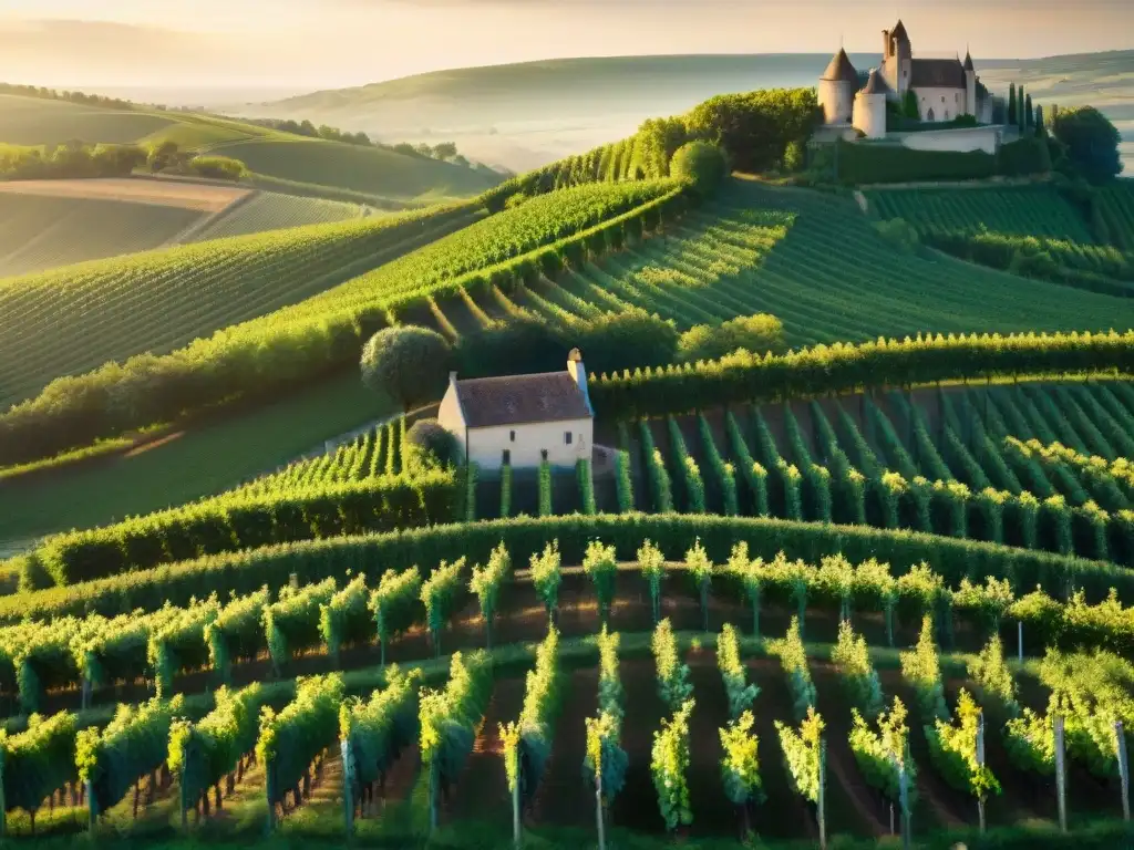 Vinos blancos orgánicos franceses: Viñedos bañados por el sol en la región de Champagne, con viticultores y un encantador château al fondo