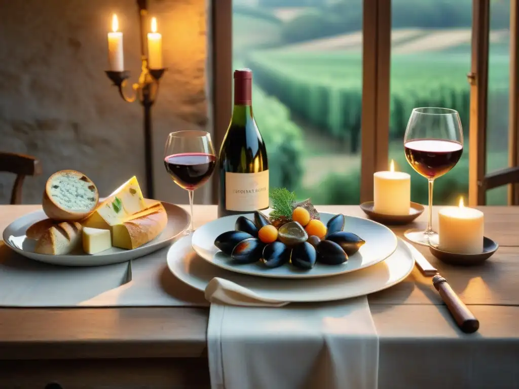 Armonización vinos decoración cena francesa: Mesa de cena francesa elegante en entorno campestre con vajilla fina y platos clásicos