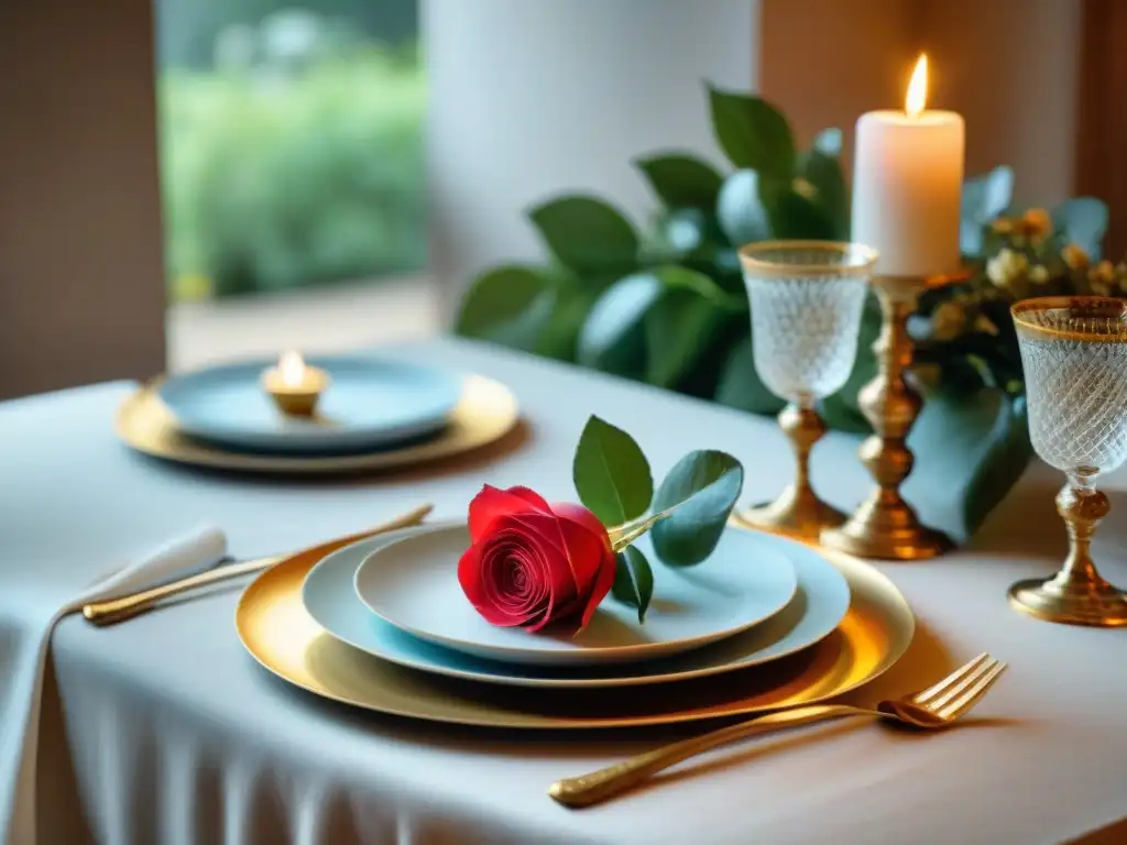 Armonización vinos decoración cena francesa: Mesa elegante para una cena refinada, con vajilla fina y cálida iluminación de velas