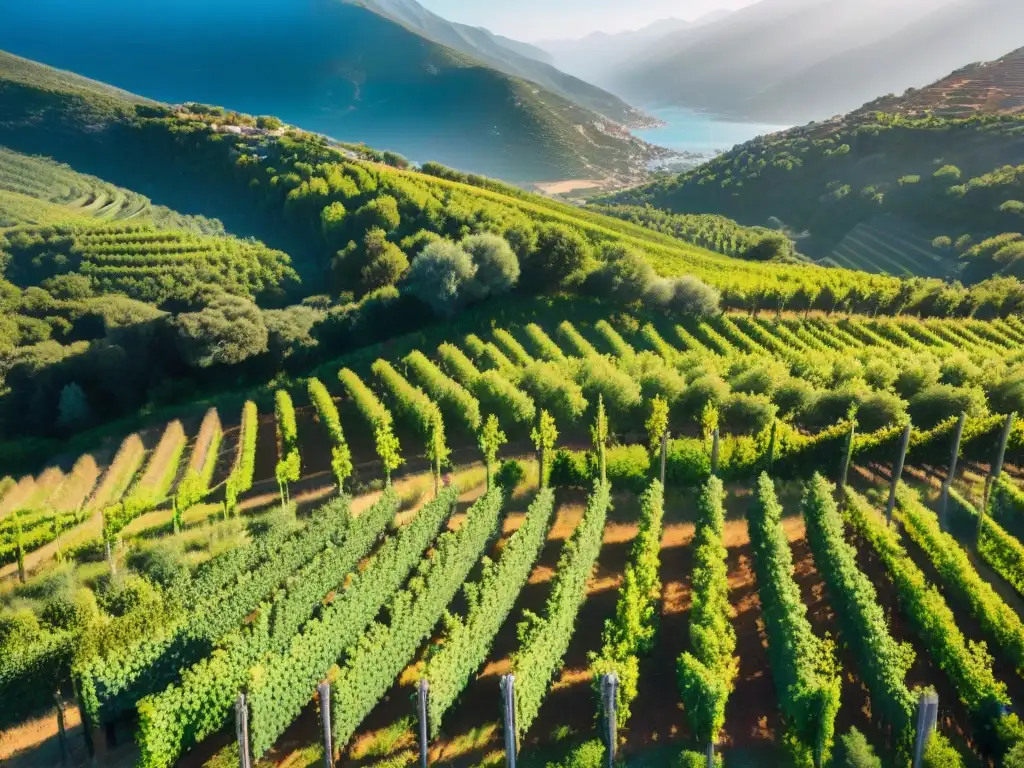 Vinos de Córcega con carácter: viñedos exuberantes bajo el sol, montañas rugosas al fondo