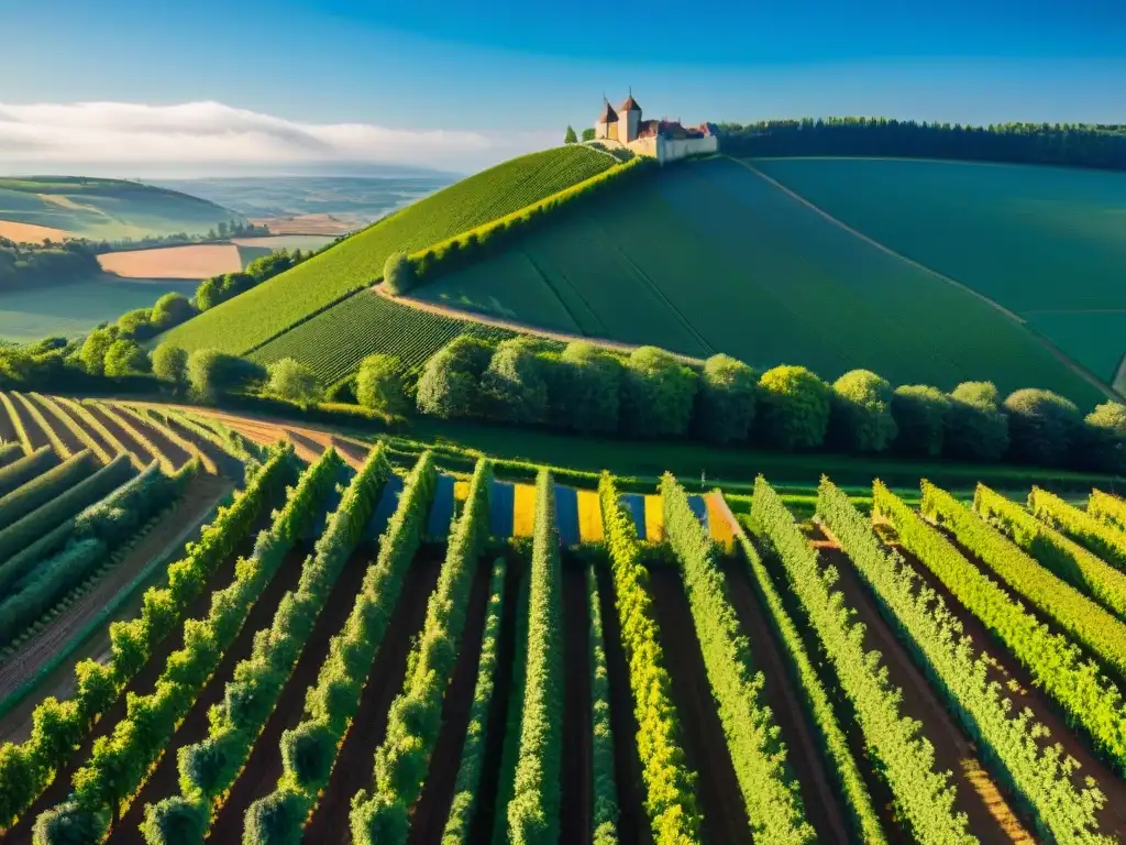 Vinos emblemáticos de Borgoña: Vista aérea impresionante de viñedos verdes y dorados bajo el cielo azul