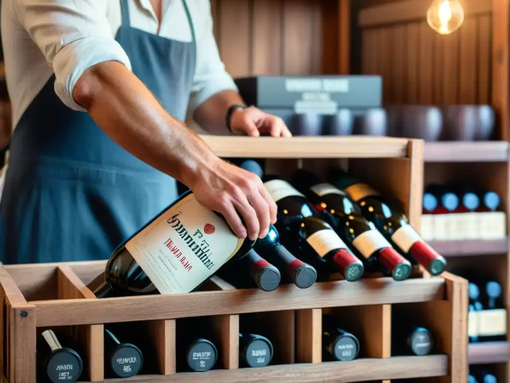 Descubriendo vinos escondidos en un mercado de Francia, seleccionando con cuidado una botella de vino tinto en un estante polvoriento