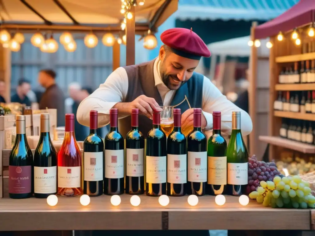 Descubre vinos escondidos en un mercado de Francia, con un sommelier sirviendo un Bordeaux en copas de cristal