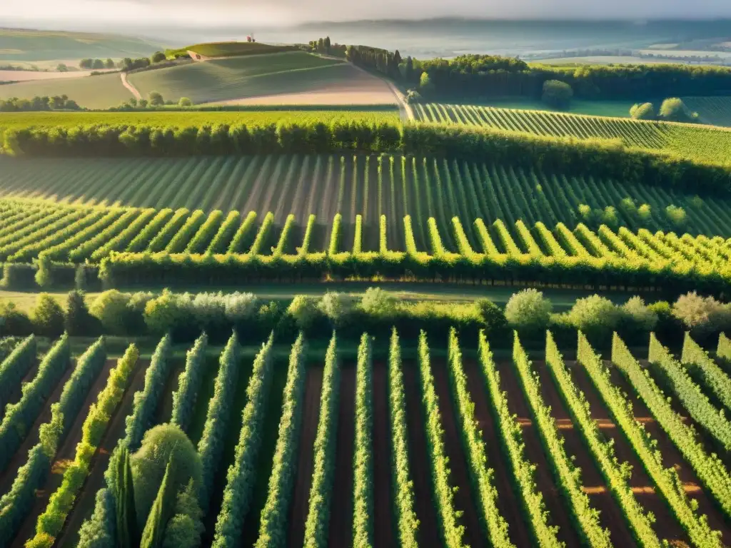 Vinos franceses más allá Bordeaux: Viñedos de Borgoña bañados por el sol, extensas filas de uvas verdes bajo un cielo dorado