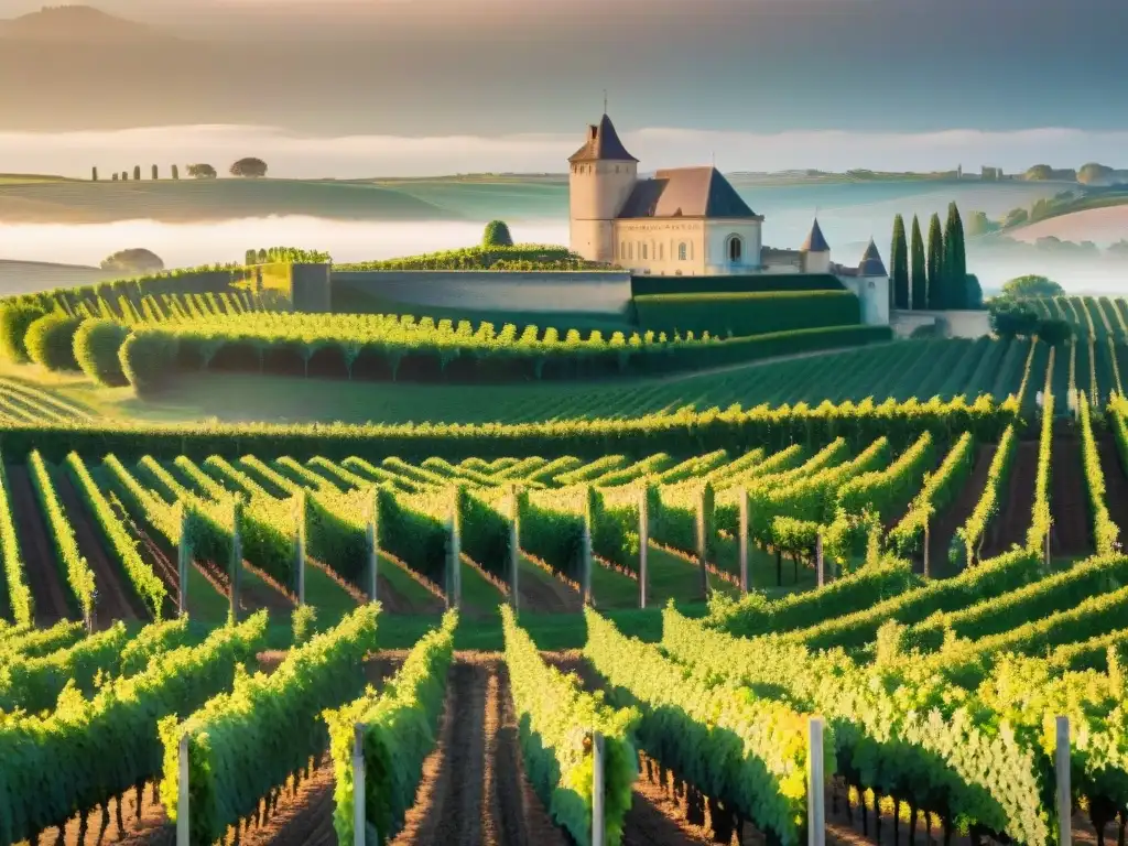 Los vinos franceses tradición terroir gastronomía se revelan en las colinas de viñedos de Burdeos al atardecer