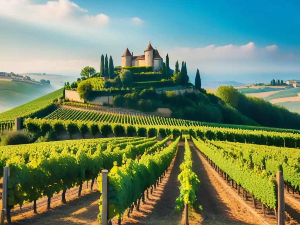 Vinos franceses poco conocidos: Viñedo en la campiña francesa con hileras de uvas bajo el sol y un castillo al fondo