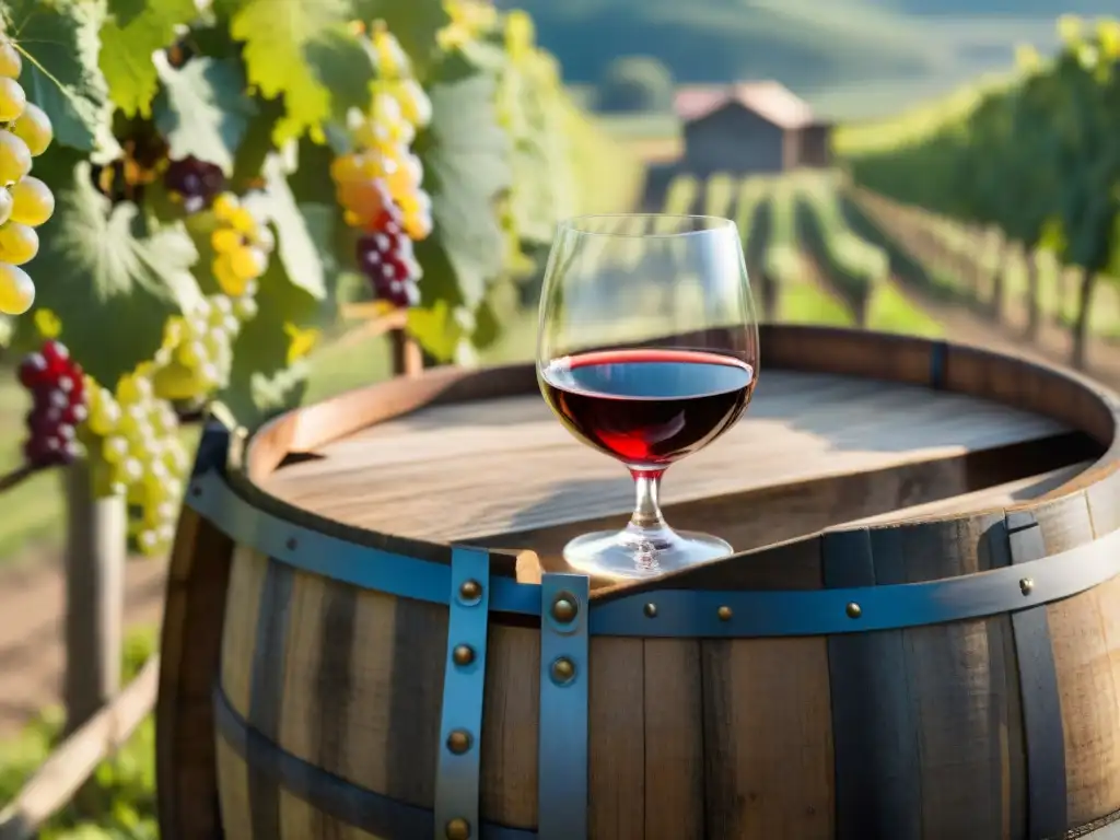 Fotografía de vinos franceses expertos: Copa de vino tinto en barril de madera en viñedo francés