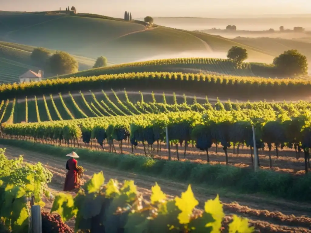 Viñedo en Francia al atardecer: cosecha tradicional Promoción vinos franceses online: Viñedo en la campiña francesa al atardecer, vendimiadores cosechando uvas