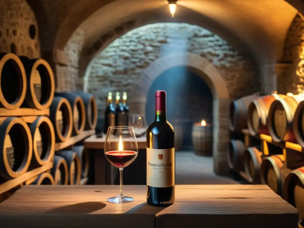 Fotografiando vinos franceses con técnicas: una bodega antigua iluminada por velas, botellas polvorientas y detalles elegantes