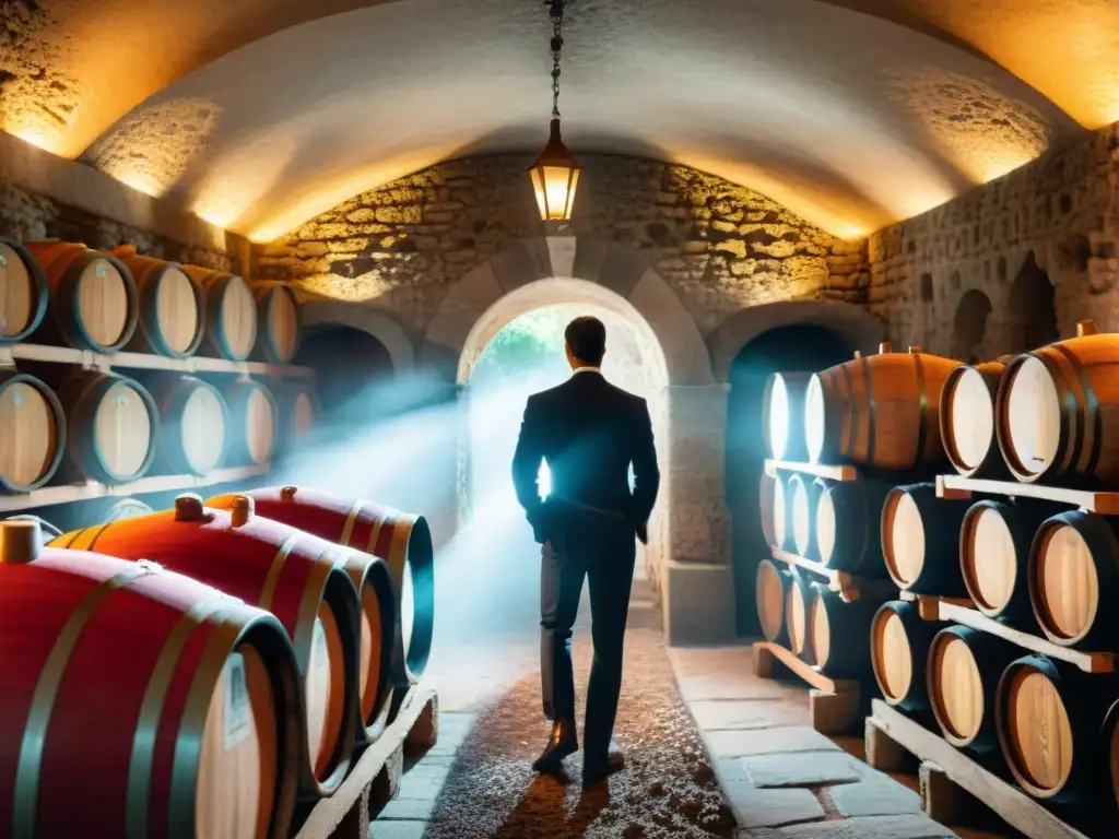 Fotografiando vinos franceses con técnicas: Bodega en Francia, barriles de roble, luz dorada, enólogo inspeccionando botella