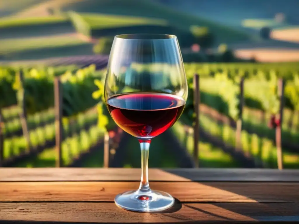 Fotografía de vinos franceses con técnicas: Detalle de copa de cristal con vino tinto en mesa de madera rústica, iluminada por luz natural