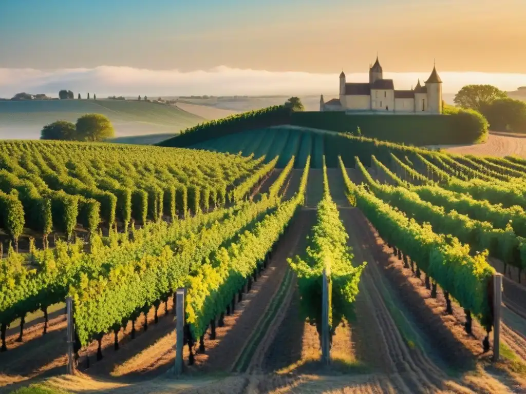 Vinos franceses tradicionales innovadores: Cosecha de uvas al atardecer en viñedos de Burdeos