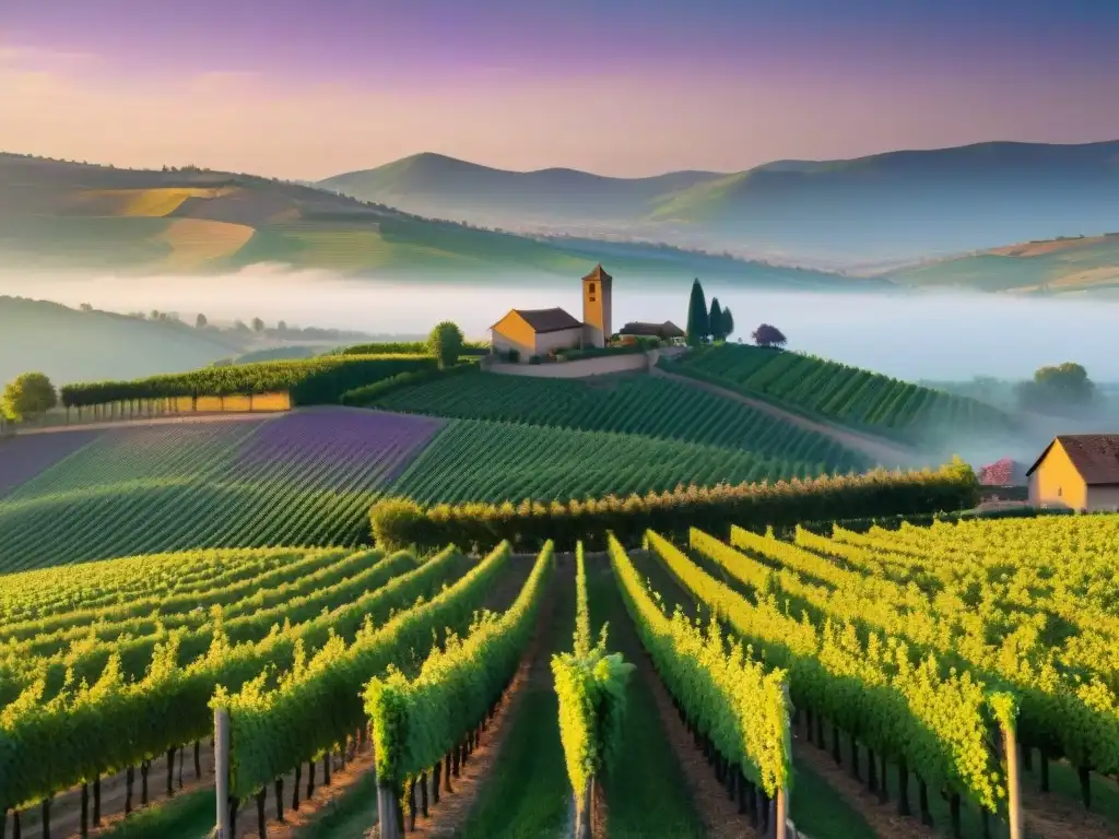 Puesta de sol dorada en viñedos de Alsacia, Francia Vinos y gastronomía en Alsacia: atardecer dorado sobre viñedos verdes y bodega encantadora