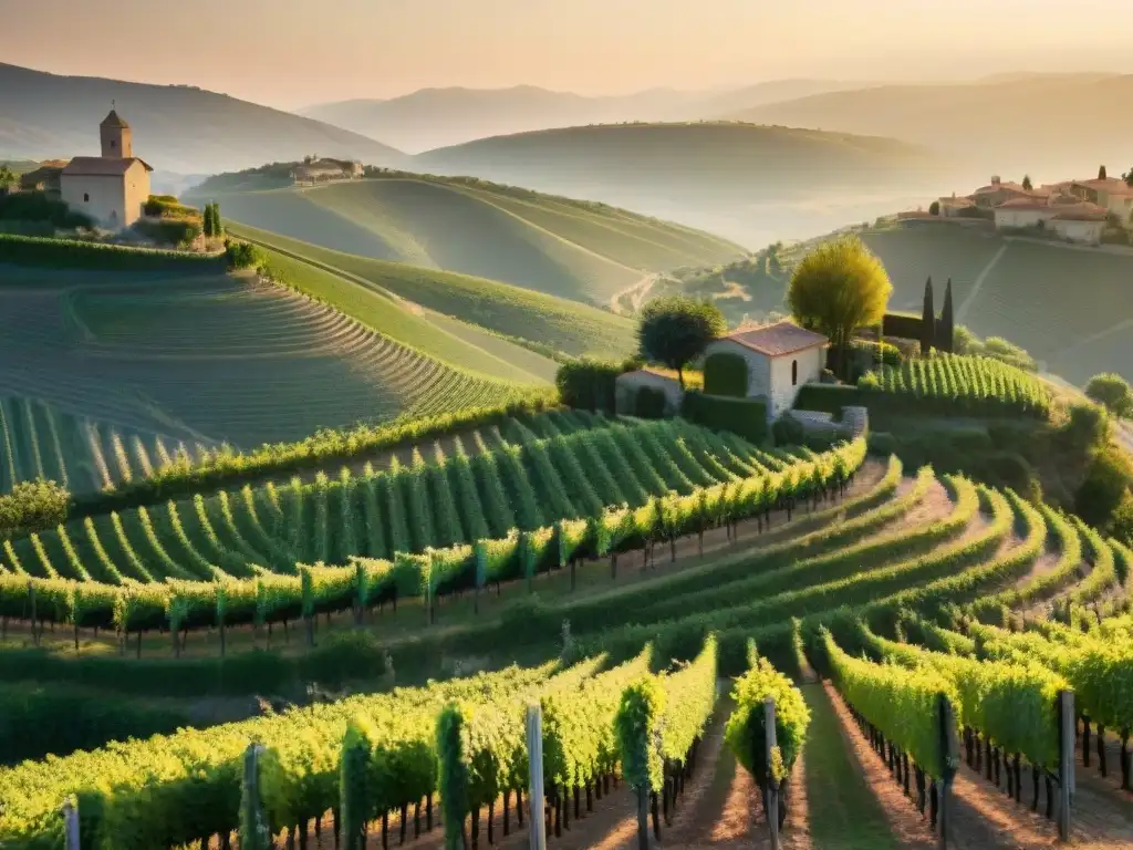 Vinos intensos del Ródano: terrazas de viñedos al atardecer, paisaje robusto y tradición en la región vinícola