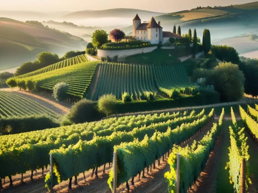 Producción de vinos naturales en la campiña francesa durante la cosecha, con viñedo y château al atardecer