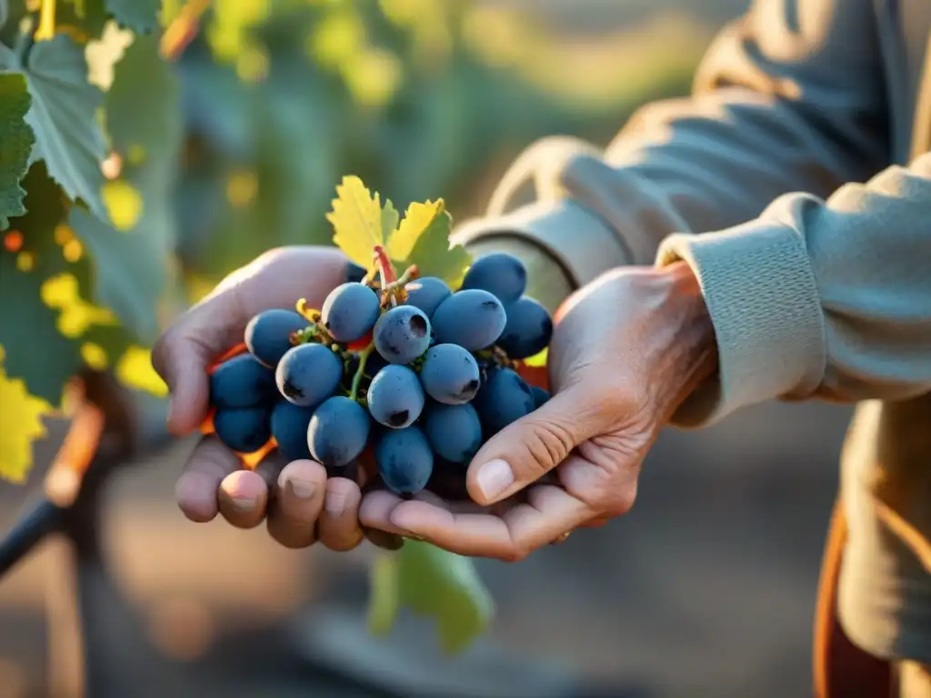 Vinos naturales franceses: manos del viñador cuidando uvas orgánicas al atardecer en viñedo pintoresco