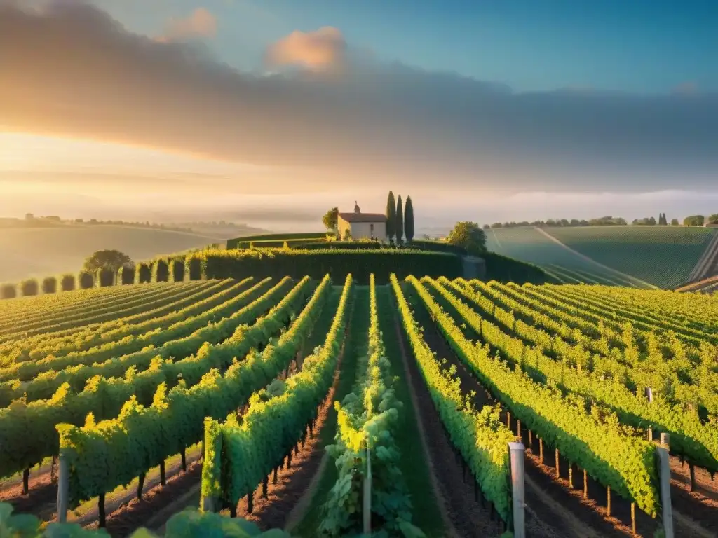 Vinos naturales y maridajes sostenibles en Francia: Viñedo en la campiña francesa durante un vibrante atardecer